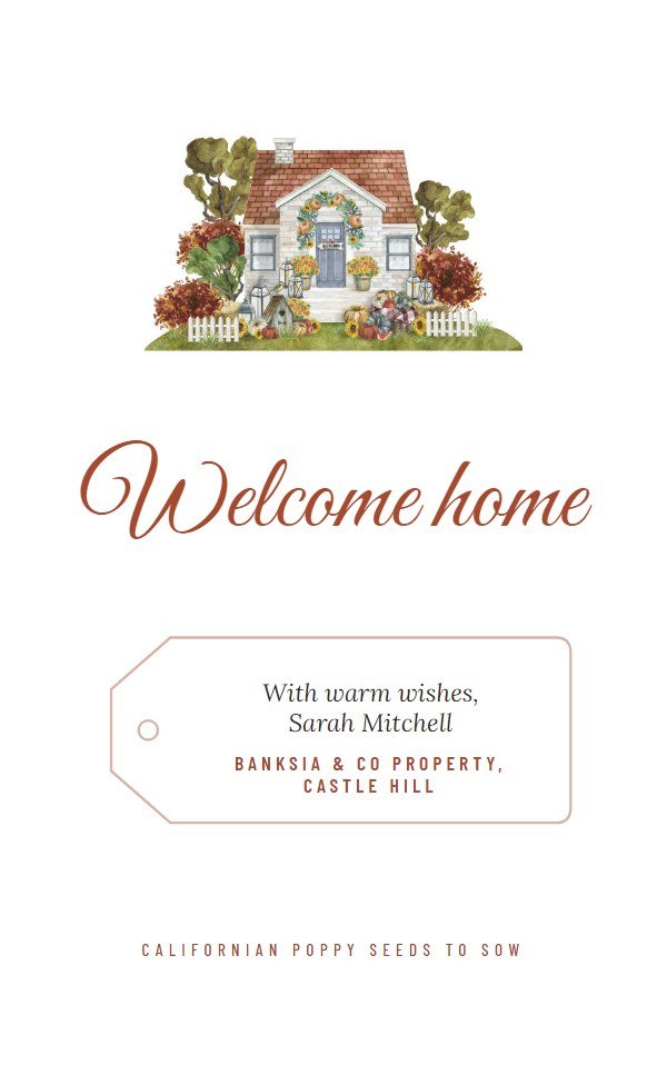 Welcome Home seed packet with a watercolour cottage, Welcome home in script and the agent's name and agency on a drawn key tag