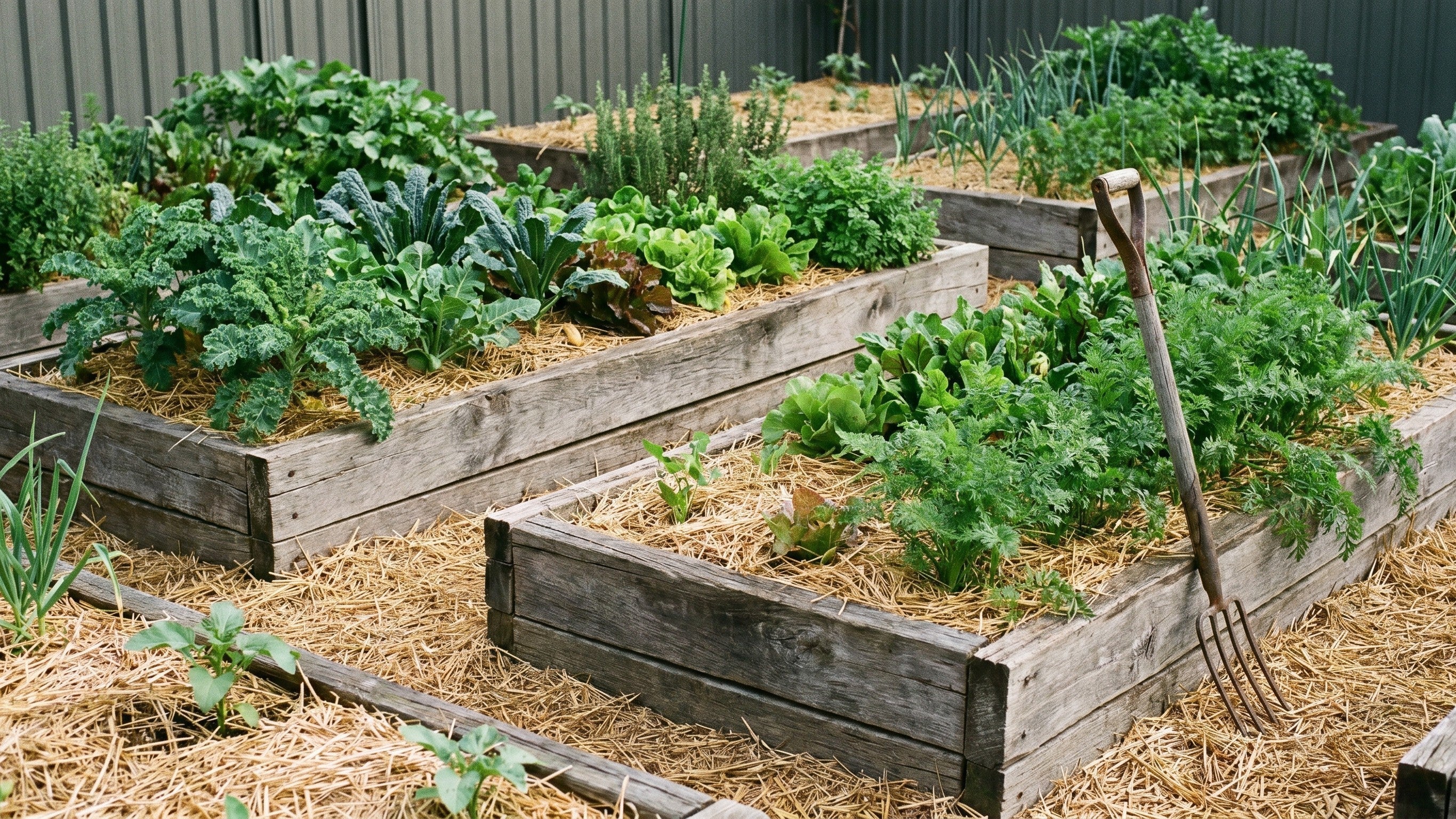 An Australian backyard vegetable garden with thickly mulched beds and dense leafy planting holding weeds at bay