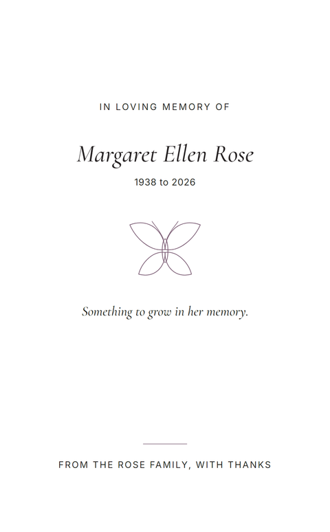 Front of a Quiet Memorial seed packet: an italic name and dates under a small line-drawn butterfly, with plenty of white space