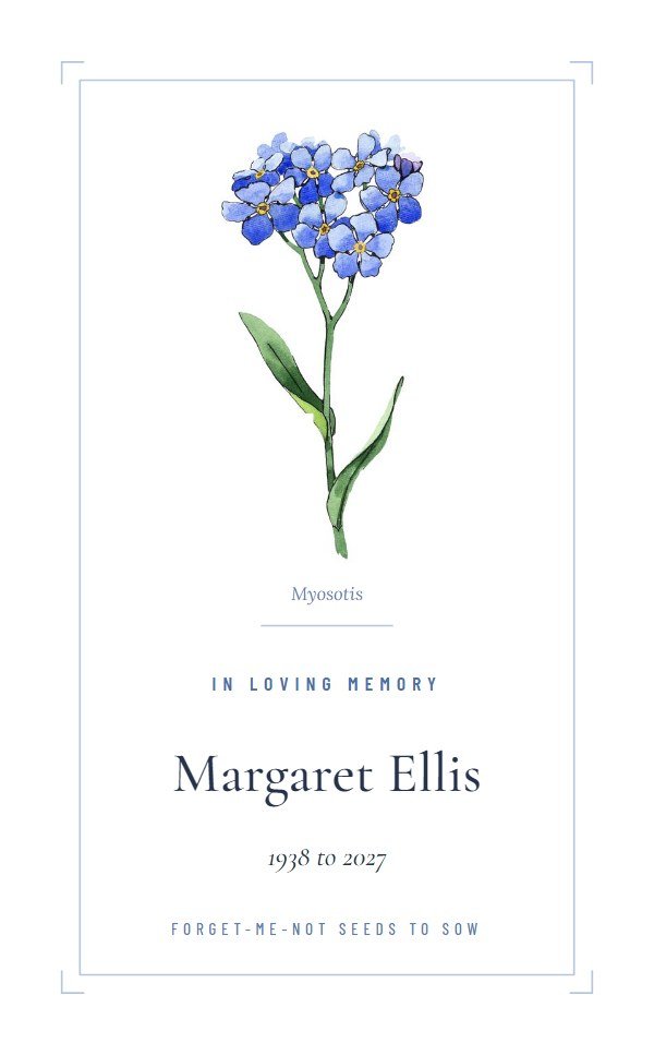 Forget-me-not Plate seed packet with In loving memory, Margaret Ellis, 1938 to 2027 and a single watercolour forget-me-not sprig
