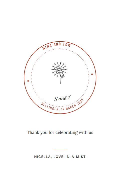 Front of a Celebration Stamp seed packet: a tilted round badge with the couple's names on the top arc and the place and date below