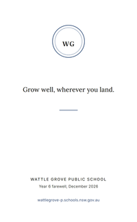 Front of a Crest and Line packet for a Year 6 farewell: school initials in a blue roundel above Grow well, wherever you land