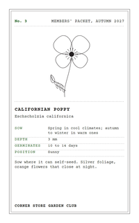 Front of a Field Notes packet for a garden club: a typewriter card for Californian poppy with a line-drawn poppy