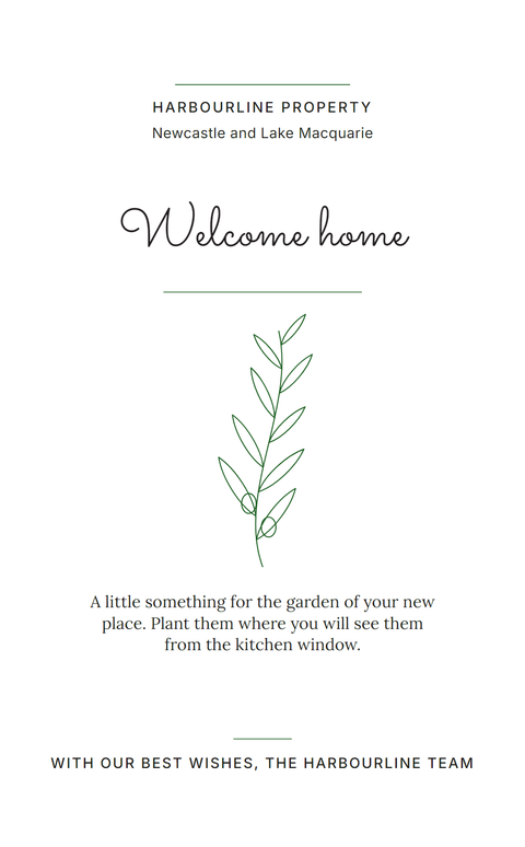 Front of a Hairline Botanical seed packet: Welcome home in green script between two hairlines, above a line-drawn olive sprig