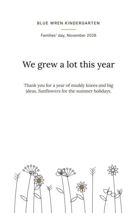 Front of a Meadow Edge seed packet: a kindergarten thank-you above a row of outlined wildflowers growing from the bottom edge