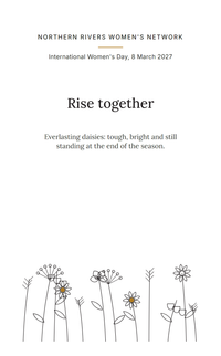 Front of a Meadow Edge packet for International Women's Day: Rise together above wildflowers growing from the bottom edge