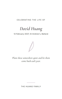 Front of a Quiet Memorial packet for a funeral service: Celebrating the life of, an italic name, the date and place, one leaf