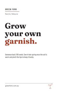 Front of a Type Specimen packet for a meal-kit brand: Grow your own garnish in large display type, the last word in brick red