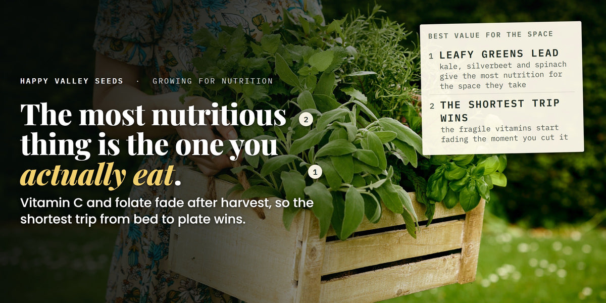 A crate of freshly cut greens carried through a garden, marked leafy greens lead and the shortest trip wins, under the headline the most nutritious thing is the one you actually eat
