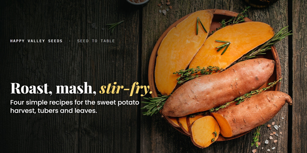 Sweet potatoes in a wooden bowl with rosemary, under the headline Roast, mash, stir-fry