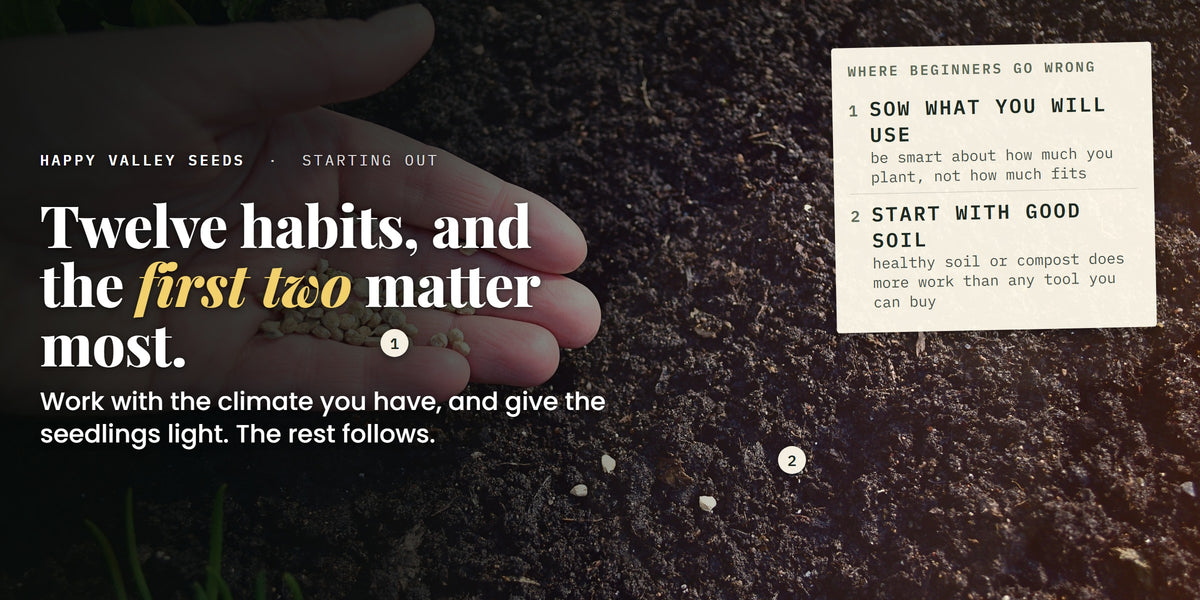 A palm of seed held over dark soil, marked sow what you will use and start with good soil, under the headline twelve habits, and the first two matter most