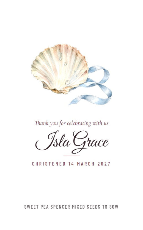 Scallop and Ribbon seed packet design, front, with example words