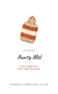 Hot Water Bottle seed packet design, front, with example words