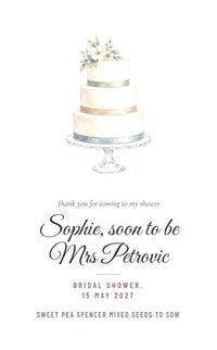 Tiered Cake seed packet design, front, with example words