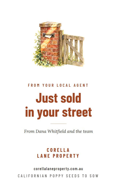 Letterbox Drop seed packet design, front, with example words