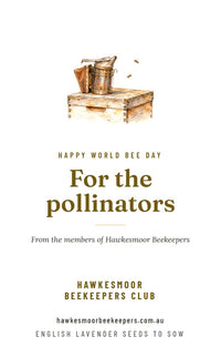 Beekeeper's Smoker seed packet design, front, with example words