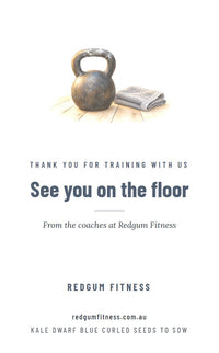 Kettlebell Floor seed packet design, front, with example words