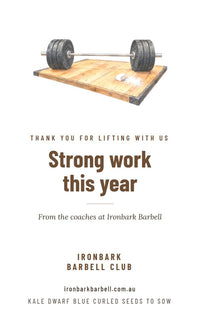 Barbell Platform seed packet design, front, with example words