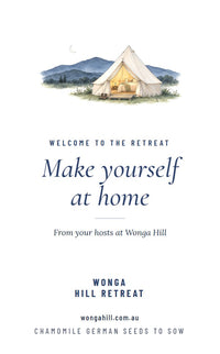 Bell Tent seed packet design, front, with example words
